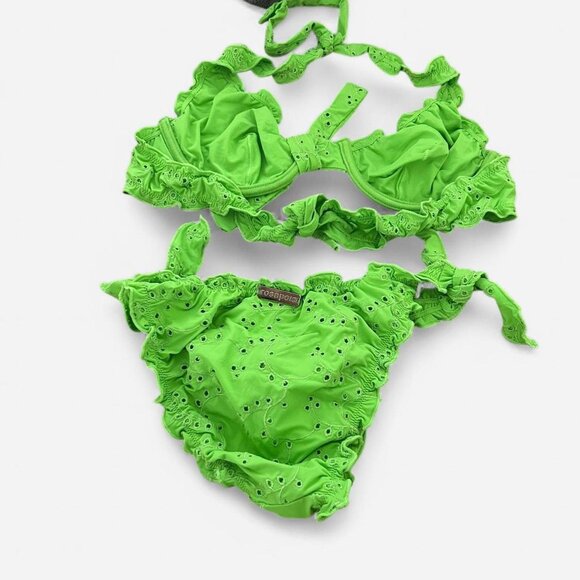 Bright green y2k scrunch frilly romantic eyelet bow European summer bikini M - Picture 3 of 7
